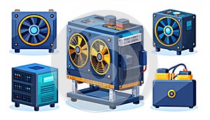 Isometric illustration of various computer cooling components in
