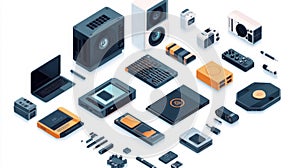Isometric Illustration of Electronics and Computer Components on White Background AI-generated