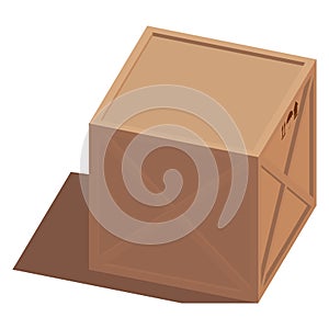 Isometric illustration of a vector cargo 3d brown wooden box with transportation symbols. Turned to the side