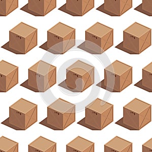 Isometric illustration of a vector cargo 3d brown wooden box with transportation symbols. Turned to the side. Seamless pattern.