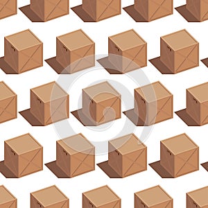 Isometric illustration of a vector cargo 3d brown wooden box with transportation symbols. Turned to the side. Seamless pattern.
