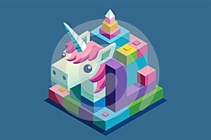 Isometric illustration of a vibrant unicorn with a lengthy horn perched atop a building, Unicorn head Customizable Isometric