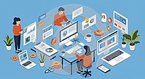 Isometric illustration of a work environment with three people engaging with digital