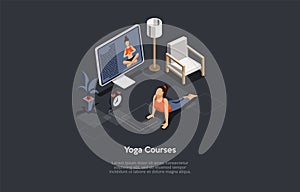 Isometric Illustration With Writing And Characters. Vector Composition In Cartoon 3D Style On Female Yoga Courses