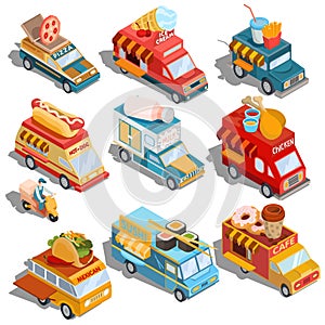 Isometric illustrations of cars fast delivery of food and food trucks