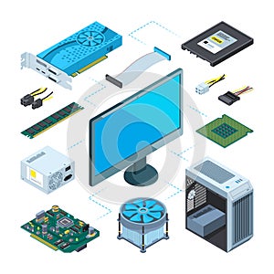 Isometric illustrations of computer hardware. Vector pictures set photo