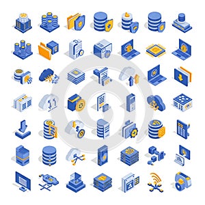 Isometric technology icons representing data storage cloud computing and network security