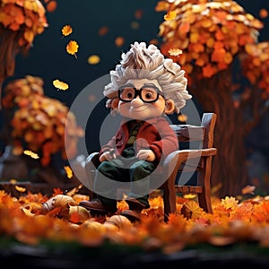 Isometric image of a gray-haired man sitting on a bench at the time of autumn leaf fall