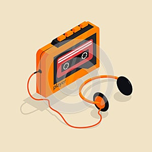 Isometric image of an old retro cassette player with headphones.