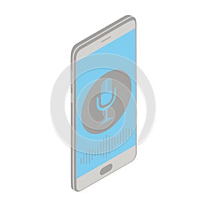 Isometric image of a smartphone with a microphone button and sound waves