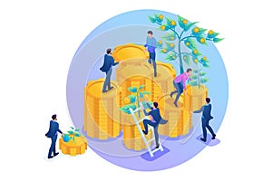 Isometric Income from investments, businessmen collect profits and reinvest money. Concept for web design