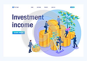 Isometric Income from investments, businessmen collect profits and reinvest money. Landing page concepts and web design