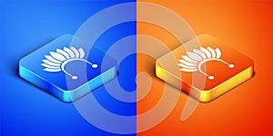 Isometric Indian headdress with feathers icon isolated on blue and orange background. Native american traditional