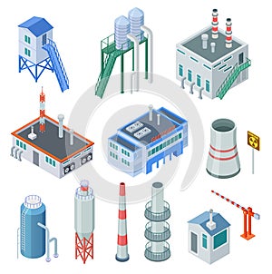 Isometric industrial buildings. Factory building power station industrial zone equipment 3d isolated vector set