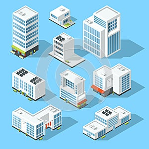 Isometric industrial buildings, offices and manufactured houses. 3d map vector illustration set