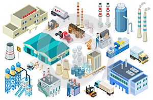Isometric industrial buildings, workers, delivery trucks, factory and warehouse vector collection