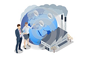 Isometric industrial chimneys with heavy smoke causing air pollution. Environment Polluted by CO2 Emission. Climate