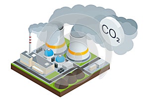 Isometric industrial chimneys with heavy smoke causing air pollution. Environment Polluted by CO2 Emission. Climate