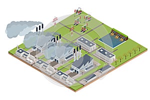 Isometric industrial chimneys with heavy smoke causing air pollution. Environment Polluted by CO2 Emission. Climate