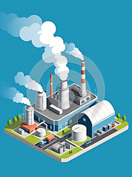 Isometric industrial enterprise producing pollutant emissions into the atmosphere with factory. Vector illustration in flat style.