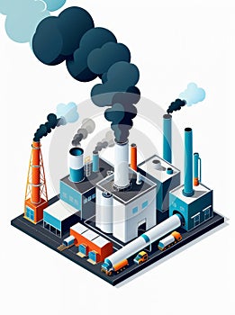 Isometric industrial enterprise producing pollutant emissions into the atmosphere with factory. Vector illustration in flat style.