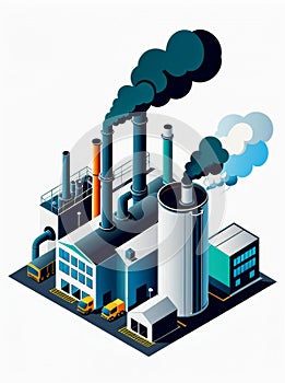 Isometric industrial enterprise producing pollutant emissions into the atmosphere with factory. Vector illustration in flat style.