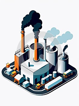 Isometric industrial enterprise producing pollutant emissions into the atmosphere with factory. Vector illustration in flat style.