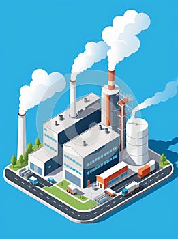 Isometric industrial enterprise producing pollutant emissions into the atmosphere with factory. Vector illustration in flat style.