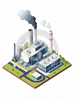 Isometric industrial enterprise producing pollutant emissions into the atmosphere with factory. Vector illustration in flat style.