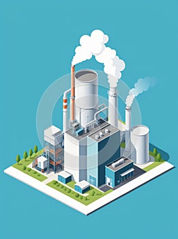 Isometric industrial enterprise producing pollutant emissions into the atmosphere with factory. Vector illustration in flat style.