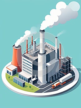 Isometric industrial enterprise producing pollutant emissions into the atmosphere with factory. Vector illustration in flat style.