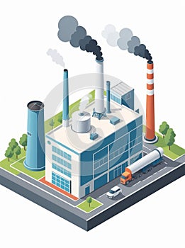 Isometric industrial enterprise producing pollutant emissions into the atmosphere with factory. Vector illustration in flat style.