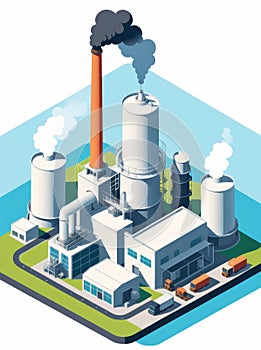 Isometric industrial enterprise producing pollutant emissions into the atmosphere with factory. Vector illustration in flat style.