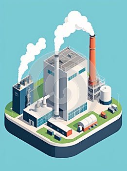 Isometric industrial enterprise producing pollutant emissions into the atmosphere with factory. Vector illustration in flat style.