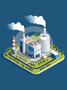 Isometric industrial enterprise producing pollutant emissions into the atmosphere with factory. Vector illustration in flat style.