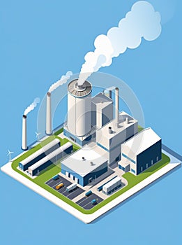 Isometric industrial enterprise producing pollutant emissions into the atmosphere with factory. Vector illustration in flat style.