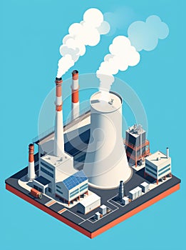 Isometric industrial enterprise producing pollutant emissions into the atmosphere with factory. Vector illustration in flat style.