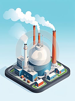 Isometric industrial enterprise producing pollutant emissions into the atmosphere with factory. Vector illustration in flat style.