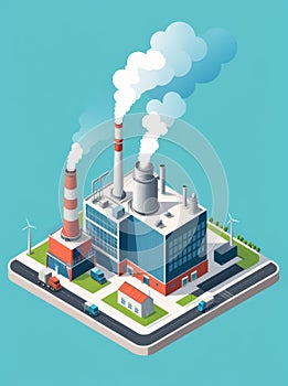 Isometric industrial enterprise producing pollutant emissions into the atmosphere with factory. Vector illustration in flat style.