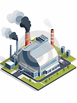 Isometric industrial enterprise producing pollutant emissions into the atmosphere with factory. Vector illustration in flat style.