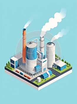 Isometric industrial enterprise producing pollutant emissions into the atmosphere with factory. Vector illustration in flat style.