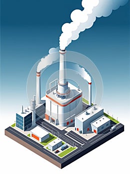 Isometric industrial enterprise producing pollutant emissions into the atmosphere with factory. Vector illustration in flat style.