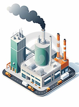 Isometric industrial enterprise producing pollutant emissions into the atmosphere with factory. Vector illustration in flat style.