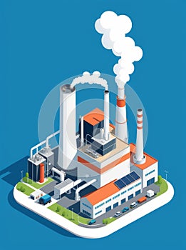 Isometric industrial enterprise producing pollutant emissions into the atmosphere with factory. Vector illustration in flat style.