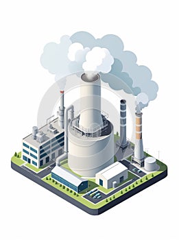 Isometric industrial enterprise producing pollutant emissions into the atmosphere with factory. Vector illustration in flat style.