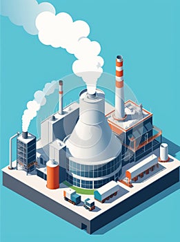 Isometric industrial enterprise producing pollutant emissions into the atmosphere with factory. Vector illustration in flat style.