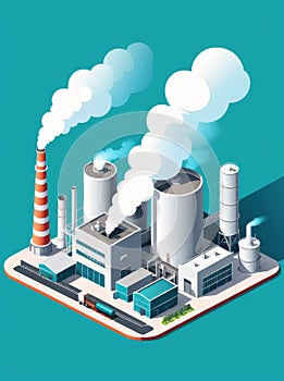 Isometric industrial enterprise producing pollutant emissions into the atmosphere with factory. Vector illustration in flat style.