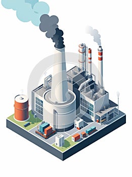 Isometric industrial enterprise producing pollutant emissions into the atmosphere with factory. Vector illustration in flat style.