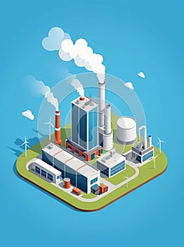 Isometric industrial enterprise producing pollutant emissions into the atmosphere with factory. Vector illustration in flat style.