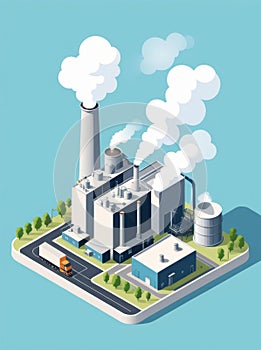 Isometric industrial enterprise producing pollutant emissions into the atmosphere with factory. Vector illustration in flat style.